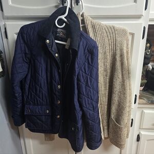 Beige Sweater And Purple Light Weight Jacket.  Sweater Says Xl But Fits Large